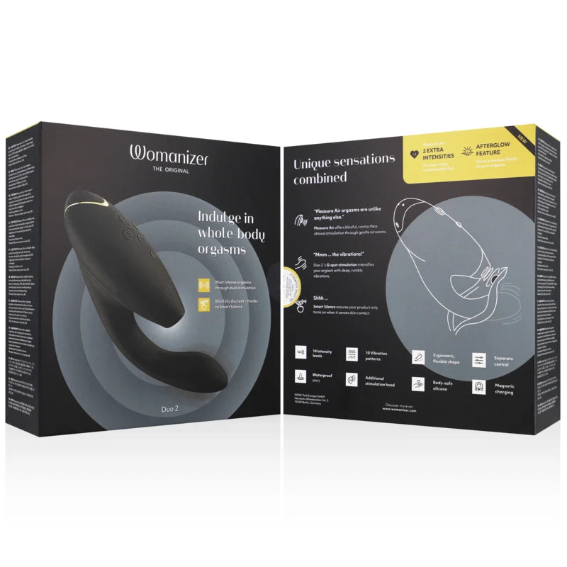 Womanizer Duo 2  noir boîte produit ouverte vue complète caractéristiques vibromasseur rabbit stimulation clitoridienne air pulsé