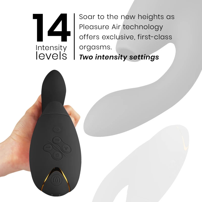 Womanizer Duo 2 noir vue haute 14 niveaux intensité stimulation clitoridienne air pulsé et point G